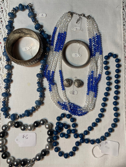 A lot of vintage blue and silver tone jewelry